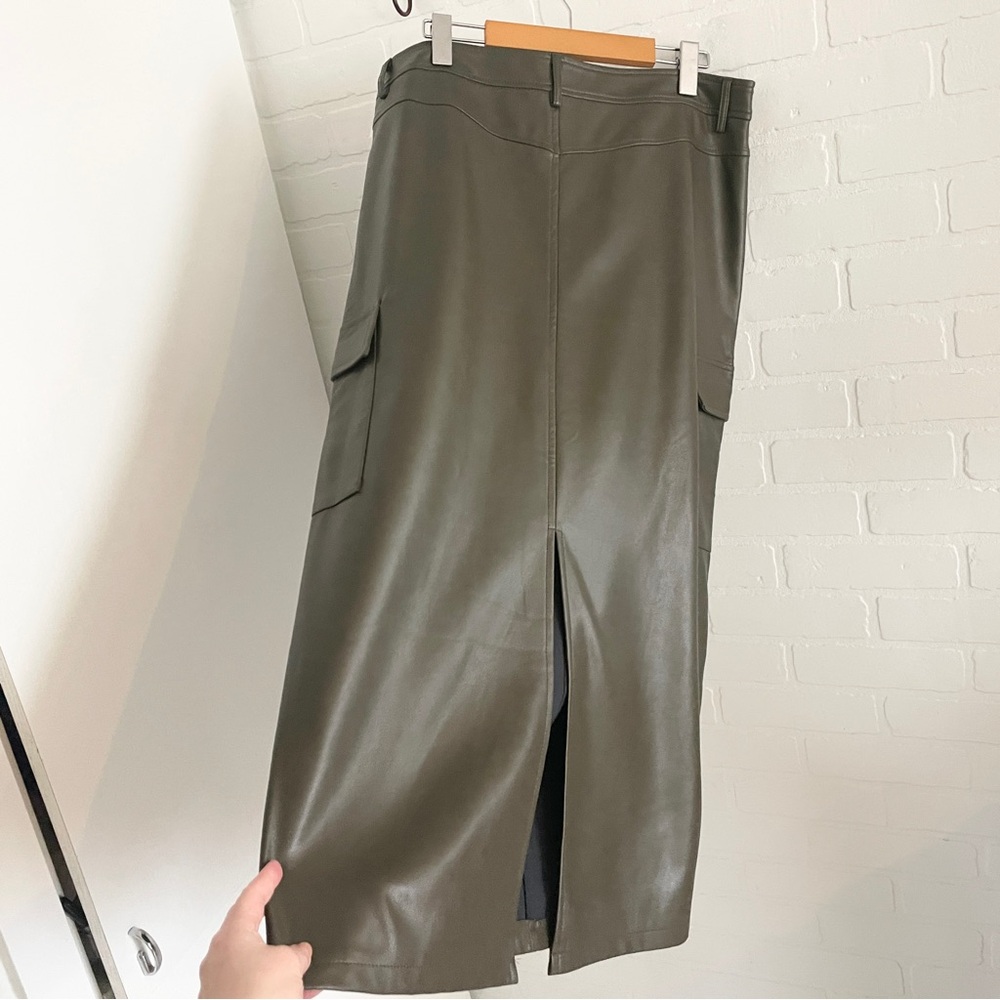 Y2K Vegan Leather Cargo Maxi Skirt Olive Khaki Utility Statement Sz L - Picture 11 of 16